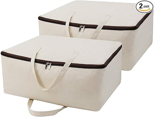 2 Pack Cotton Storage Bags for Duvets, Blankets, Soft Blanket Organizer Bag | 23.6x8.7x17.7",3-side Zip Opening,Breathable,Durable&Tear-Resistant,Sturdy handles,King/Queen Comforters,Down Jackets, Pillow