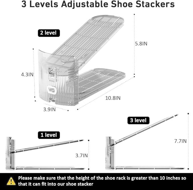 NVGSN 10Pack Clear Shoe Slot Organizer,Shoe Stacker,Storage Space Saver 50% | 3 Levels Adjustable Height 3.7''-7.7''shoe Organizer for Closet,Easy to Assemble shoe Rack Holder,Organizador de Zapatos