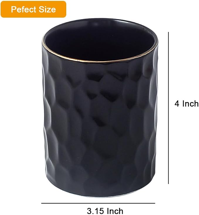 Ceramic Aesthetic Pen Holder for Desk Cute Pencil Holder Cup Pot Desk Organizer for Men Women Makeup Brush Holder Toothbrush Holder (Black)