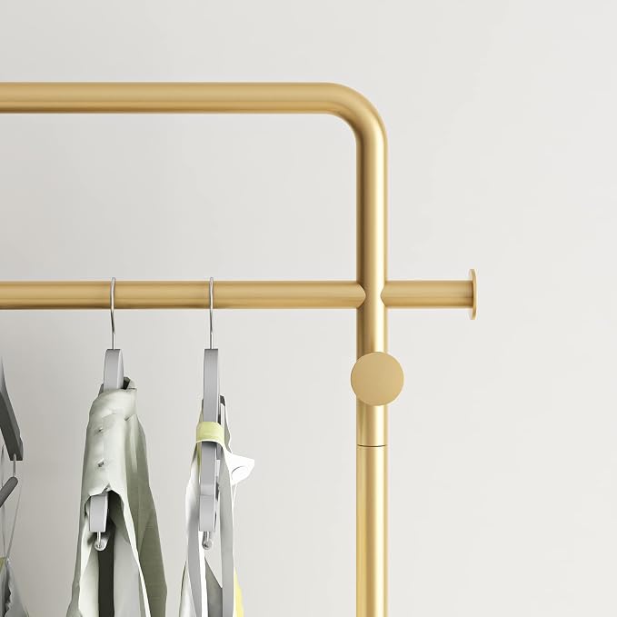 TIEOU Gold Coat Racks with Shelf, Heavy Duty Gold Clothing Racks for Boutiques, Free-Standing Metal Garment Rack for Hanging Clothes, Modern Clothes Rack Entryway