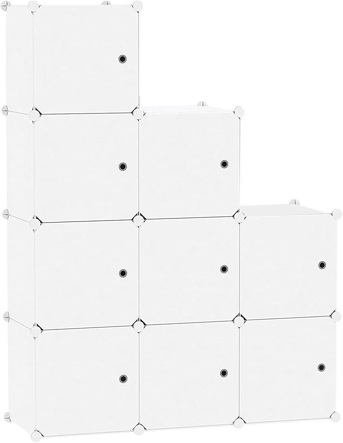 C&AHOME 9-Cube Storage Organizer with Door Cube Shelf Closet Cabinet Milky | DIY Plastic Modular Bookshelf, Stackable Clothes Storage Shelving Ideal for Home, Bedroom, 36.6”L x 12.4”W x 36.6”H