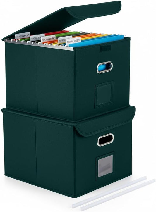 File Organizer Box with Lid (Dark Green, 14.9 x 12.59 x 10.8 inch, 2-Pack) | Large Hanging File Folder Organizer with Plastic Slide, Collapsible Portable Filing Storage Boxes for Office/Decor/Home