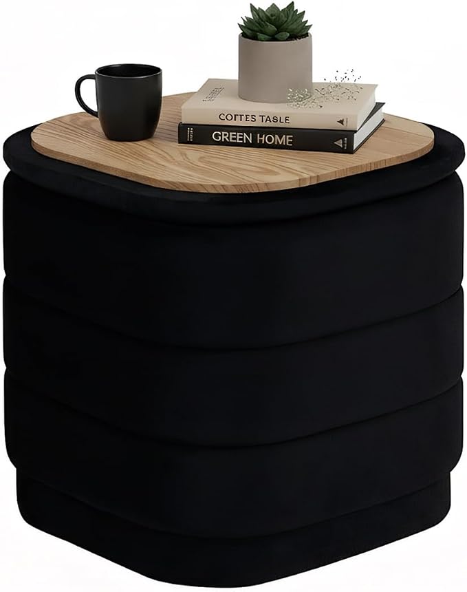 B FSOBEIIALEO Velvet Storage Ottoman with Tray, Square Folding Ottoman with Storage Coffee Table Foot Rest for Dorm Room, Living Room Black, 15"x15"x15"