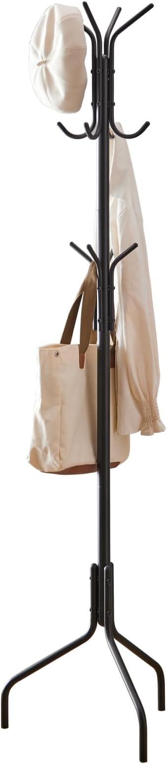 Coat Rack Freestanding,hat and coat rack stand for entryway,Living Room,Bedroom,Metal coat tree with12 Hooks and 3 Legs (Black)