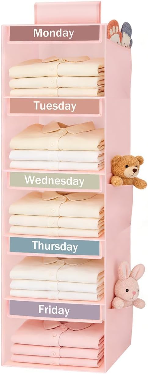 Weekly Clothes Organizer for Kids, 5-Shelf Kid Hanging Closet Organizer w/ 6 Side Pockets, Labeled Weekly Outfit Organizer for Kids, Days of The Week Clothes Organizer Monday Through Friday Pink