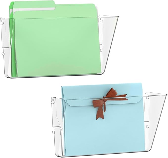 Gawerk Single Pocke Wall Mount File Holder Organizer (Clear, 2 Pack) | Acrylic Hanging Wall Organizer, Plastic Wall Mount Mails Magazines Organizer for Office and Home
