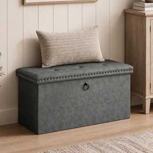 oakvivo 30 Inches Folding Storage Ottoman Bench, Leather End of Bed Foot Rest Stools with Button Tufted Rivet Design, Ottoman with Padded Seat for Bedroom, Living Room, Entryway, 330 lb, Grey