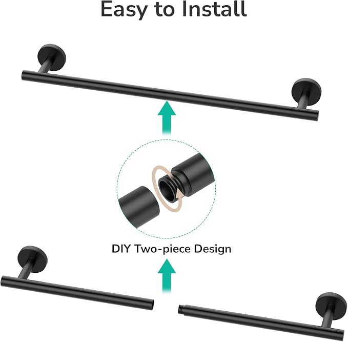 USHOWER Matte Black Towel Bar, 22-Inch Towel Racks for Bathroom | Thicken SUS304 Stainless Steel Towel Rod, Towel Holder Wall-Mounted, Modern Home Decor (Total Length 24-Inch)