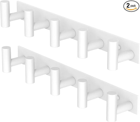 PMMASTO Stainless Steel Coat Rack Wall Mounted, Heavy Duty Metal Hook Rail for Hanging Coats Hats Towels Robes Bags, Modern Wall Hooks Organizer (White, 5 "T Hooks, 2PACK)