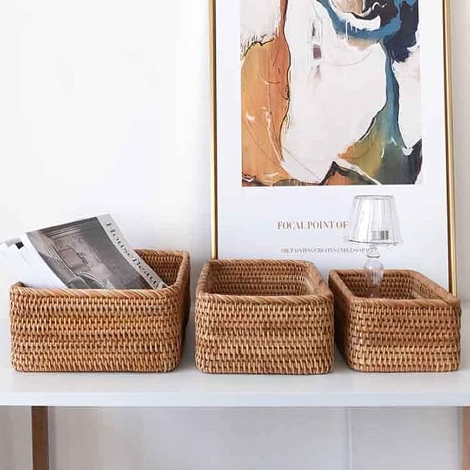 Yangqihome Natural Rattan Storage Baskets, Rectangular Woven Fruit Baskets, Decorative Wicker Basket and Small Baskets for Organizing (Set of 3)