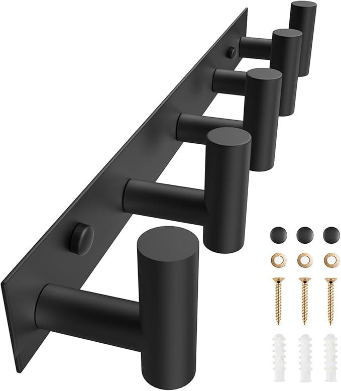 VAEHOLD Black Hat and Coat Wall Mount Rack 5 Hooks for Robes, Bags, Keys, and Towels Bathroom Towel Hanger Organizer (1 Pack)