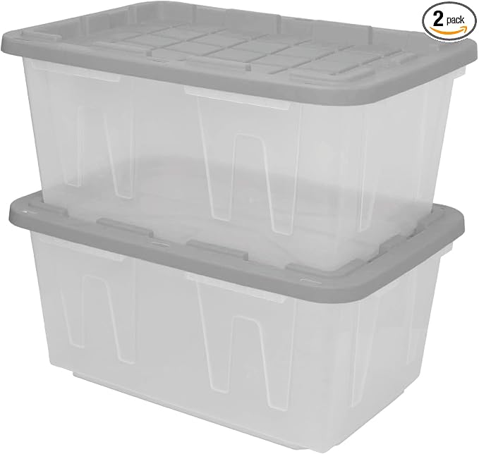 CX 27-Gallon Heavy Duty Clear Stackable Storage Bins with Lids, 2 Pack | Clear plastic totes for garage organization, Stackable, weather-resistant, snap lids, 14.3H x 20.6W x 30.6D, Clear/gray