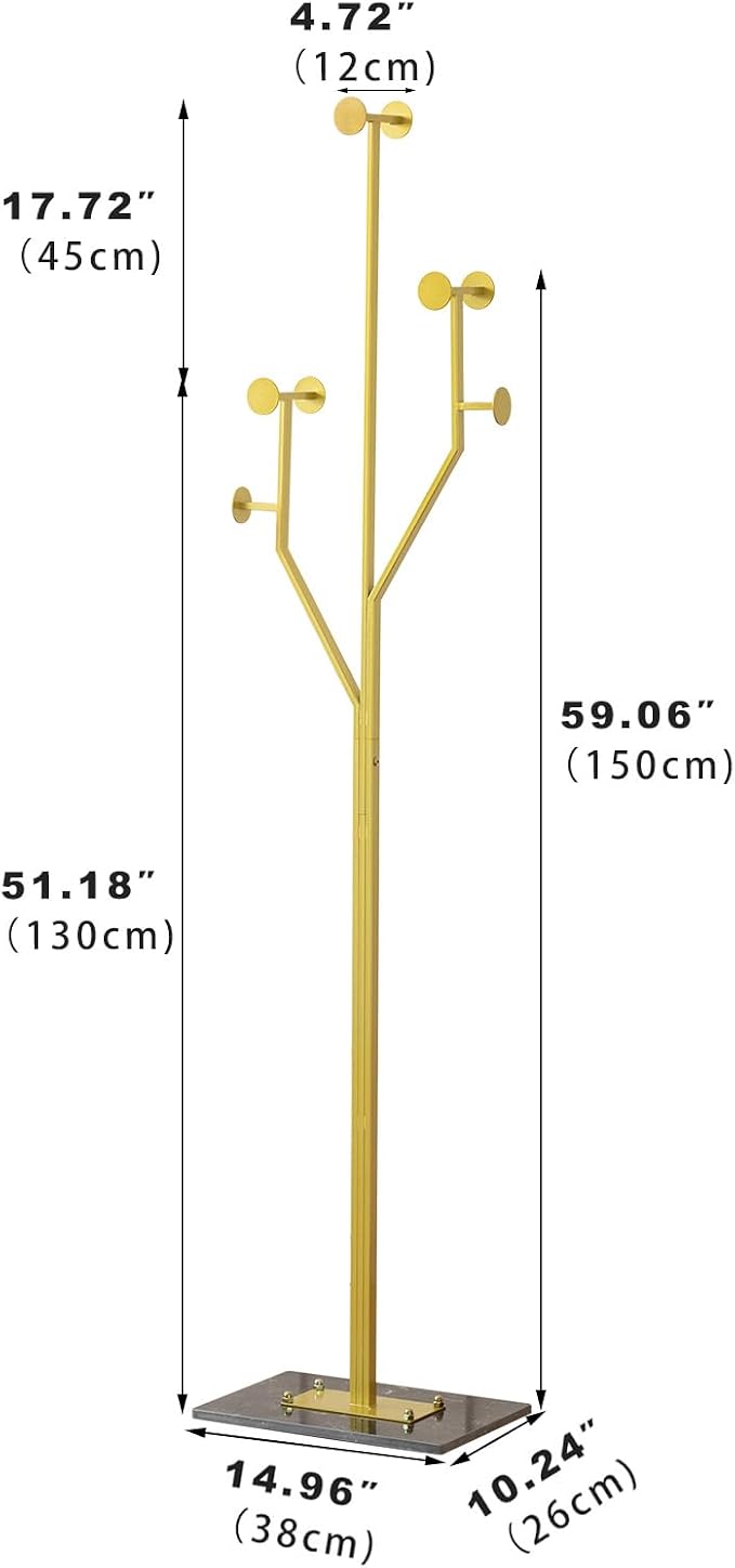 JIAYUEJU Freestanding Coat Rack Coat tree for Entryway Bedroom (Gold) | Tree-shaped, Easy Assembly, Space Saver, Heavy Duty, Metal Frame, Marble Base, 8 Hooks, Living Room, Office, Corner