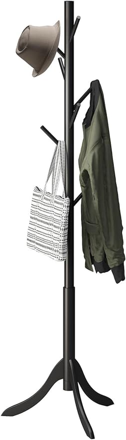 kiplant Black Coat Rack Stand, Bamboo Wood Freestanding Coat Tree with 8 Hooks, Hallway Entryway Hat Hanger Organizer Standing for Bedroom, Office, Clothes, Jackets, Bags, Umbrallas