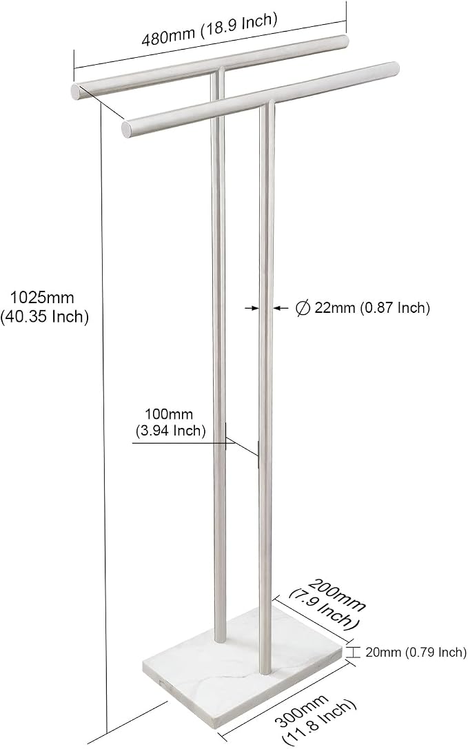EADOT 40.3 Inch Standing Towel Rack Bath Sheet Holder with Marble Design Base for Bathroom Floor 2 Tier Towel Holder Stand 304 Stainless Steel Brushed Nickel(Same Height)