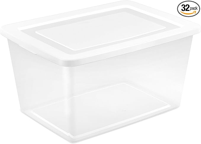 Sterilite Clear Storage Box Stackable Tote, 58 Quart, 32-Pack | Clear Plastic Container with Secure Snapping Lids for Home and Office Organization, White