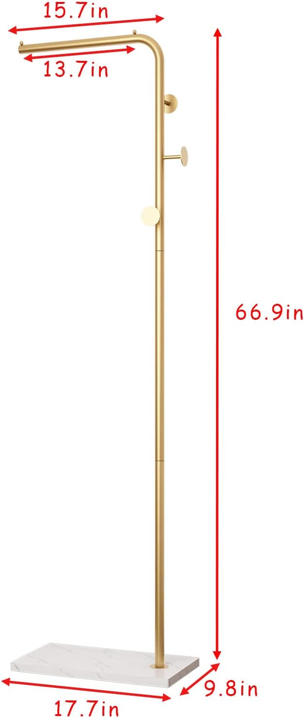 Gold Coat Racks with 3 Hooks, L Shape Coat Hanger Entryway, Freestanding | Metal, Heavy Duty Marble Base, Modern Coat Tree