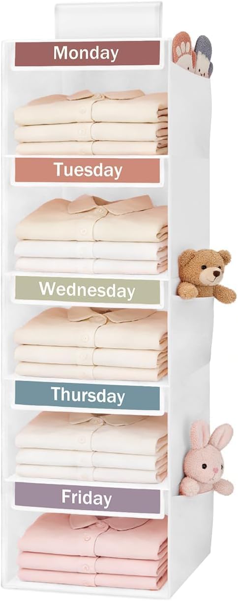 Weekly Clothes Organizer for Kids, 5-Shelf Kid Hanging Closet Organizer w/ 6 Side Pockets, Labeled Weekly Outfit Organizer for Kids, Days of The Week Clothes Organizer Monday Through Friday White