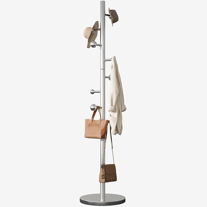 Coat Rack Freestanding Coat Tree with 8 Hooks Coat Rack Stand,Silver | Heavy Duty Metal Coat Hanger Stand for Jacket Hat Clothes Bag Stainless Steel Hall Tree Hat Rack for Entryway Bedroom Hallway