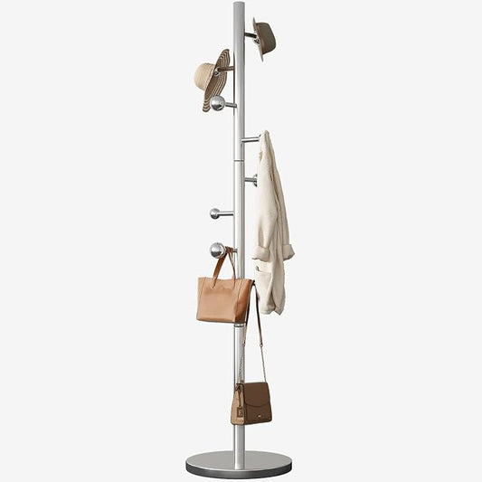 Coat Rack Freestanding Coat Tree with 8 Hooks Coat Rack Stand,Silver | Heavy Duty Metal Coat Hanger Stand for Jacket Hat Clothes Bag Stainless Steel Hall Tree Hat Rack for Entryway Bedroom Hallway