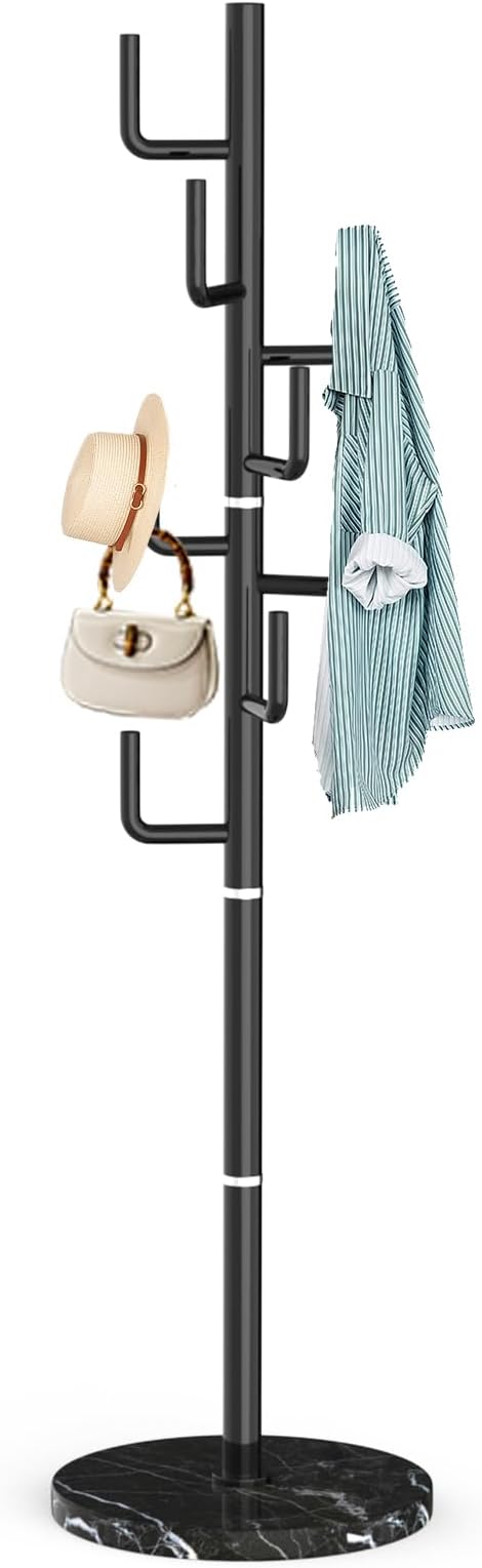 ZOZOE Metal Modern Coat Racks, Cactus Coat Rack Freestanding with Natural Marble Base, Black Coat Rack Stand with 8 Hooks, Coat Tree Hanger Stand for Bags, Hats, Entryway, Office