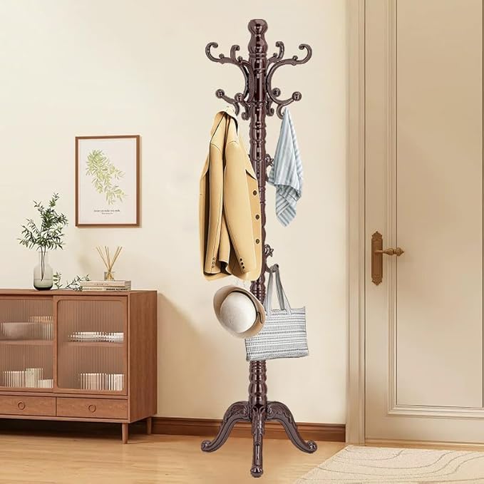 OIRUMIE Wooden Coat Rack, Vintage Coat Rack Frestanding for Entryway,Corner | Wood Coat Rack Stand with 14 Hooks,Classic Coat Hanger Stand with Triangle Base,Coat Clothes Tree Stand for Hallway,Office