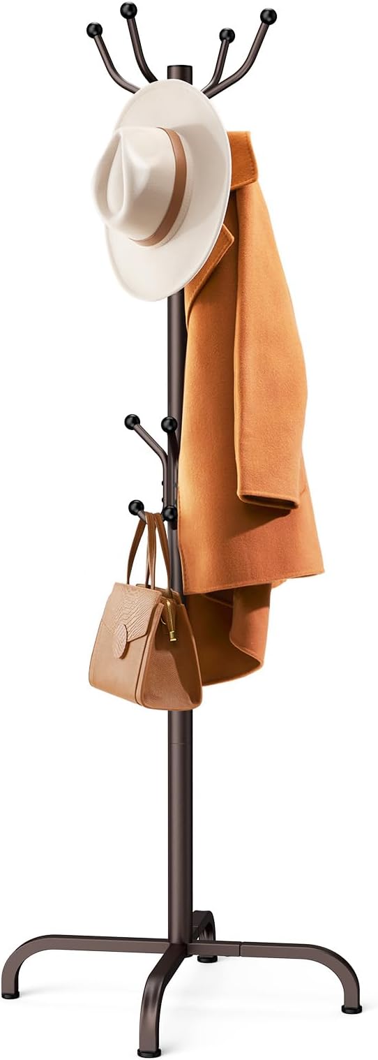 Pipishell Coat Rack with 14 Hooks, Freestanding Coat Rack Stand for Entryway, Hallway, Bedroom, and Office, Metal Coat Tree & Hat Rack for Coats, Hats, and Bags, Brown | Durable metal frame, stable four-point base, 2 hook heights for adults and kids, s...
