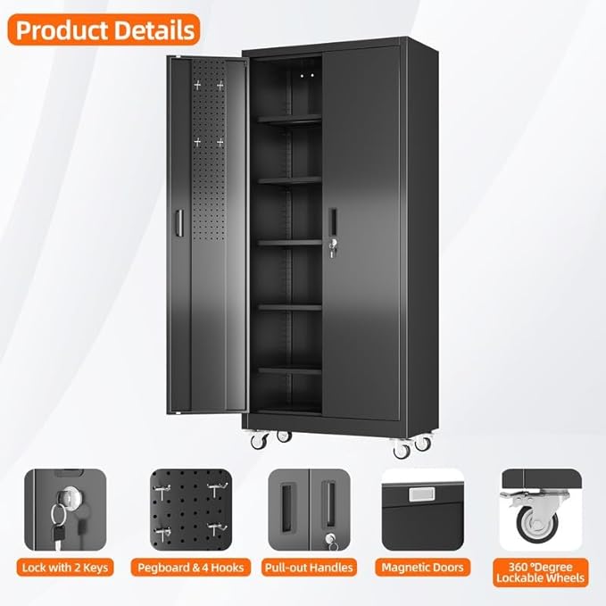 Aobabo Metal Storage Cabinet with Wheels and Door Pegboard | Garage and business storage for tools and office supplies; 5 adjustable shelves, lockable black cabinet, 16"D x 32"W x 71"H