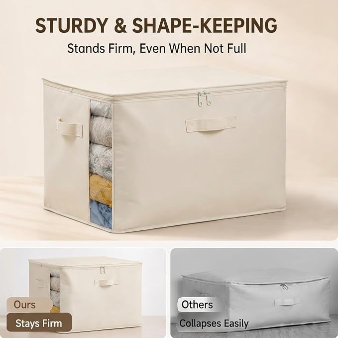 6Pack Canvas Storage Bags for Clothes & Comforters with Clear Window, Beige | 70L Large Capacity, Cotton Linen Fabric, Reinforced Handles, Foldable Design for King Comforters, Clothes and Blanket Storage