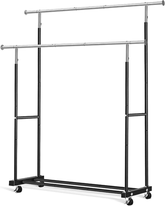 VICERII Double Clothing Rack, 130LB Capacity Heavy Duty Garment Rack with Wheels and Bottom Shelf, 55.51 Inch Long Rolling Clothes Racks for Hanging Clothes, Black