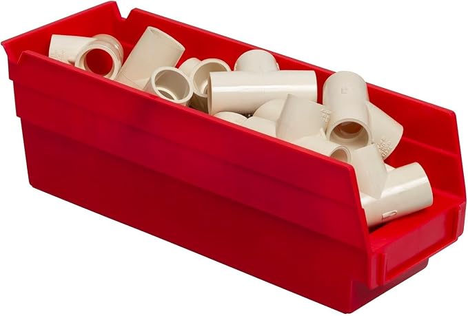 Akro-Mils 30120 Heavy Duty Plastic Shelf Bins, 12"x 4"x 4", Red, 24-Pack