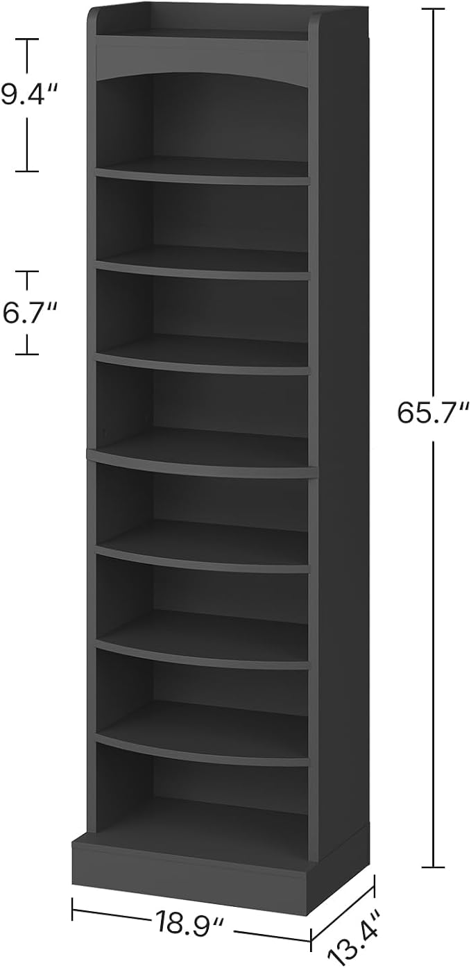 9-Tier Tall Shoe Rack, Wooden Shoe Storage Organizer, Narrow Shoe Cabinet with Removable Shelves for Small Spaces, Holds 18 Pairs of Shoes, for Entrance, Hallway, Black SS22BK