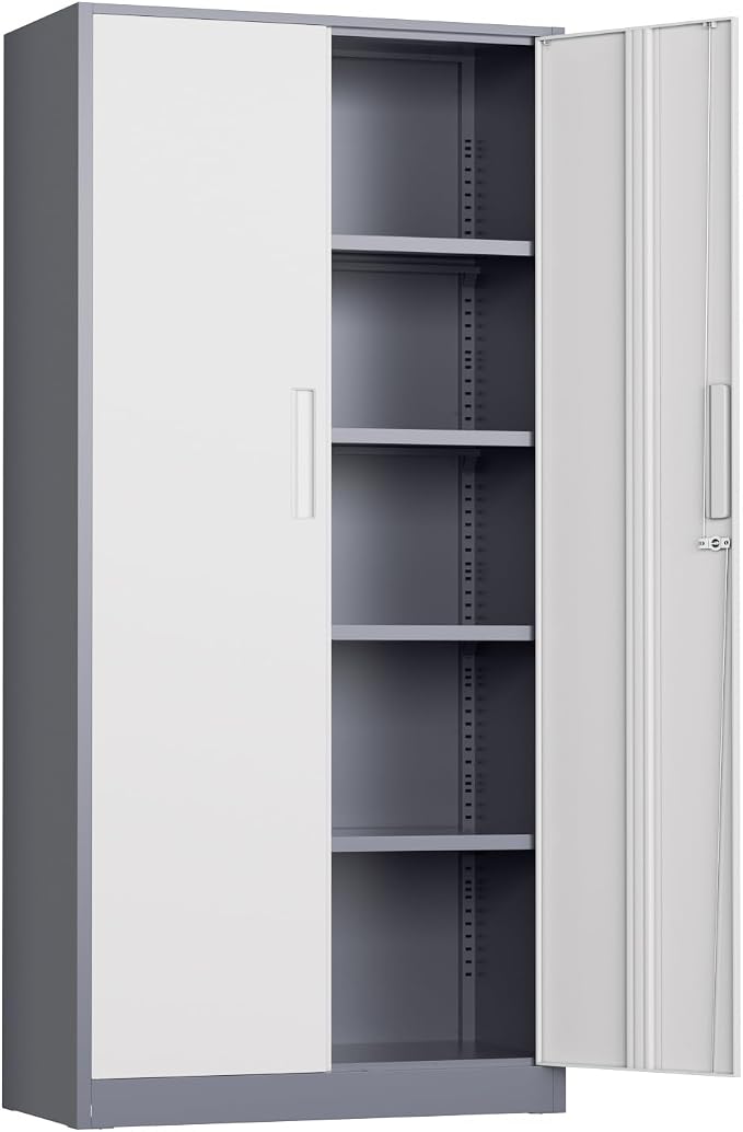INTERGREAT Metal Storage Cabinet, 72" Locking Steel Cabinets with 2 Door and 4 Adjustable Shelves, Tall Metal Cabinet for Home Office, Garage, Warehouse, New Grey