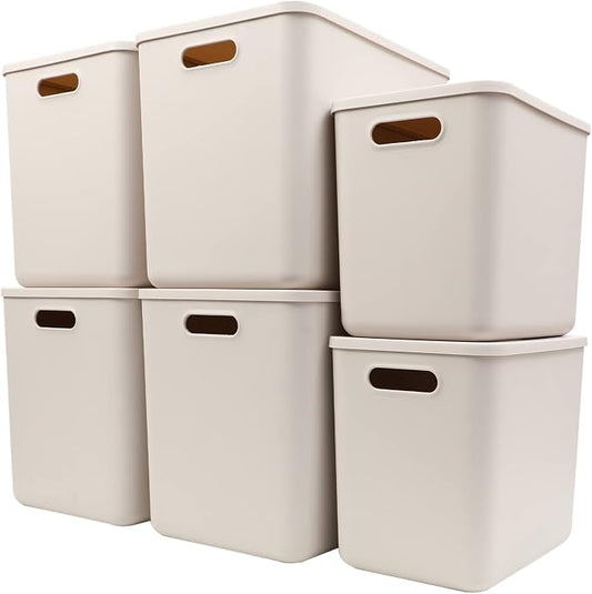 Yishyfier Plastic Storage Baskets With Lid Organizing Container Lidded Knit Storage Organizer Bins for Shelves Drawers Desktop Closet Playroom Classroom Office (4XL+2L, Light grey)