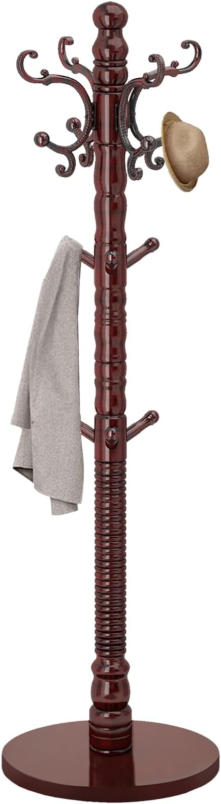 OIRUMIE Solid Wood Coat Rack, Vintage Coat Rack Frestanding for Entryway | Wooden Coat Rack Stand with 14 Hooks,Classic Coat Hanger Stand with Round Base,Coat Clothes Tree Stand for Hallway,Office