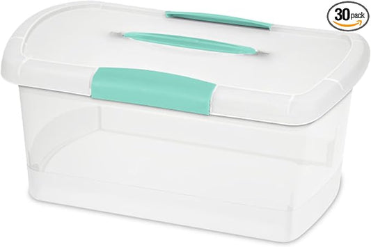 Sterilite Medium Nesting ShowOffs, Stackable Small Storage Bin with Latching Lid and Handle, Plastic Container to Organize Home, Clear, 30-Pack