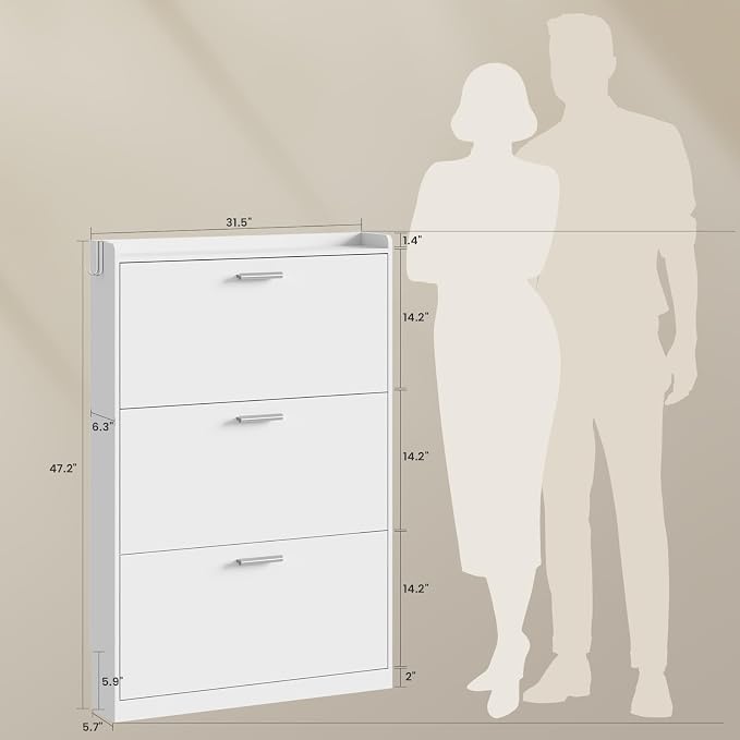 Shoe Cabinet Organizer with 3 Flip Drawers,Narrow Shoe Rack 31.5" W White | Freestanding shoe storage cabinet for entryway,foyer and hallway,space-saving flip drawers,Adjustable Shelves & 2 Hooks