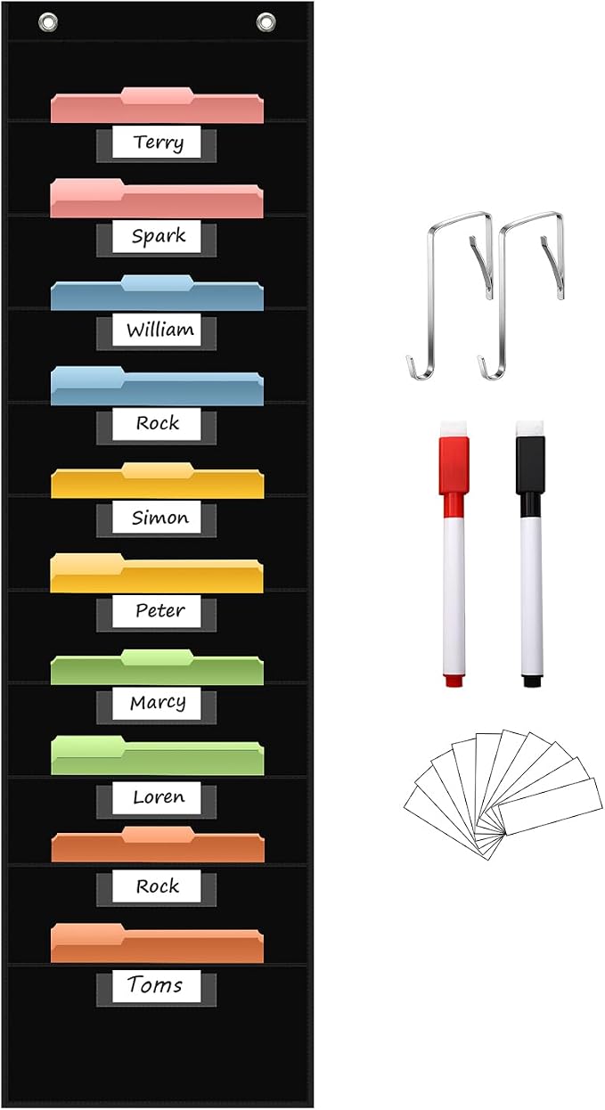 ANCOMEDO 10 Pocket Hanging Wall File Organizer with 10 Nametag Pockets, File Pocket Chart for Classroom and Office. Perfectly Stores Assignments, Files, Scrapbooks, and Documents.