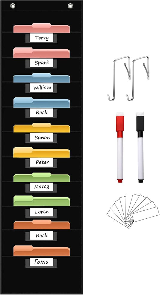 ANCOMEDO 10 Pocket Hanging Wall File Organizer with 10 Nametag Pockets, File Pocket Chart for Classroom and Office. Perfectly Stores Assignments, Files, Scrapbooks, and Documents.