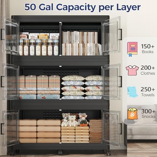 150GAL Extra Large Storage Bins with Lid, 600Qt Stackable Closet Organizers and Drawers, Collapsible Storage Bins with Wheels, Folding Containers for Home, Kitchen Office, 3Pack Black