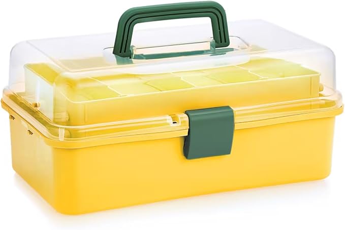 BTSKY 3-Layer Plastic Dividing Storage Box Craft Organizer and Storage | Portable Handled Art Supply Organizer with Adjustable Spacers Multipurpose Home Utility Box for Medicine Sewing(Yellow+Green)