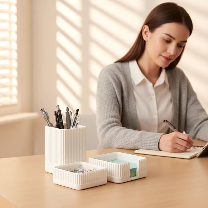 Aesthetic Desk Organizers and Accessories Set of 3 with Pen Holder,Paperclip Holder,Sticky Note Holder - Durable Plastic Pencil Holder for Office Women Men-Teacher Appreciation/Back-to-school Gift