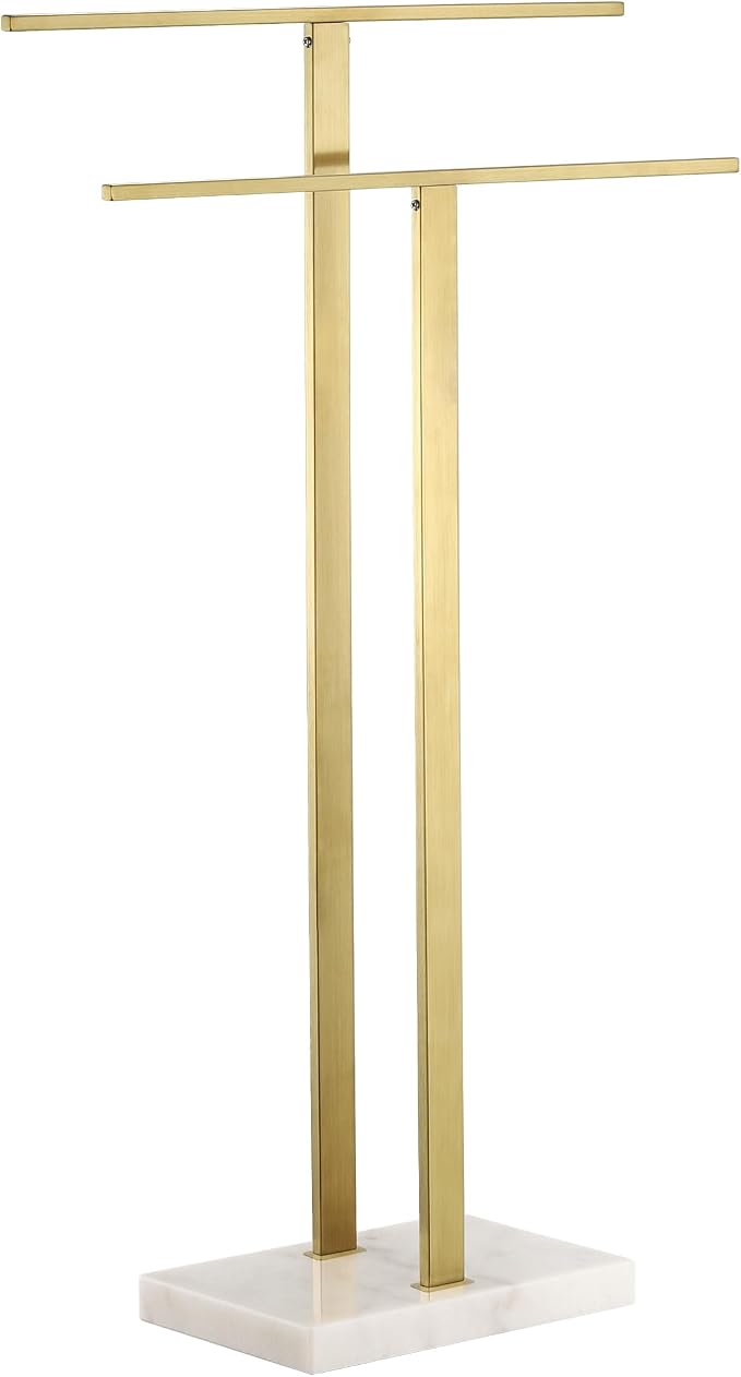 KES Standing Towel Rack with Marble Base, 2-Tier Towel Stand for Bathroom Floor, Upgrade Steady Design, T-Shaped Towel Drying Rack Gold, SUS304 Stainless Steel, Brushed Gold Finish, BTH217-BZ
