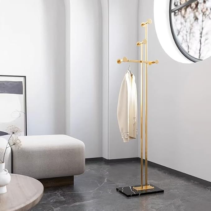 Metal Coat Rack Freestanding for Entryway (Gold) | Heavy Duty, Marble Base, Metal Frame, Essential Items Organizer for Clothes Bags, for Bedroom Living Room Hotel