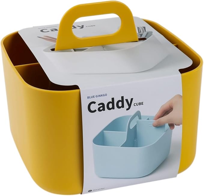 BLUE GINKGO Stackable Organizer Caddy, Square, Yellow, Made in Korea | Portable. Adjustable. Home, Office & School Storage.