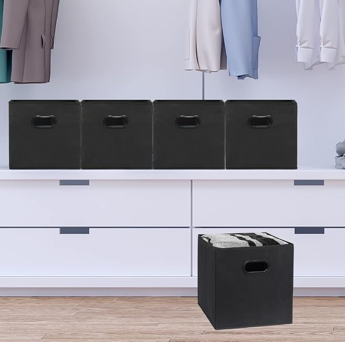 Simple Houseware 11-Inch Foldable Cube Storage Bins with Handles, Black | 6-Pack Lightweight & Durable Structure Fabric Cubes Organizer for Closet or Shelves