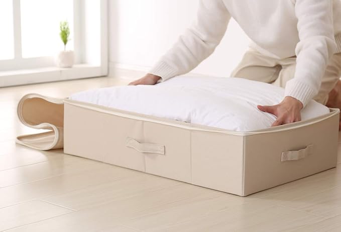 2pcs Clothing Shoes Bedding Lidded Storage Baskets for Underbed Organizer | folding design, shleves/closet/wardrobe organizer, sturdy boards inside, carrying handles around, stackable, space saving