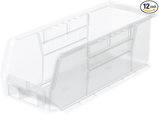 Akro-Mils 30224 AkroBins Plastic Storage Bins, 11"x 4"x 4", Clear, 12-Pack | Space-Saving Stackable Bins for Garage, Pantry, Craft Organization
