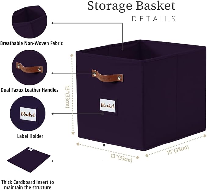 DECOMOMO Storage Bins, Storage Baskets for Shelves | 13" x 15" x 13" Storage Cube Bins with Labels for Organizing Shelves (Kallax, 4pcs, Deep Violet)