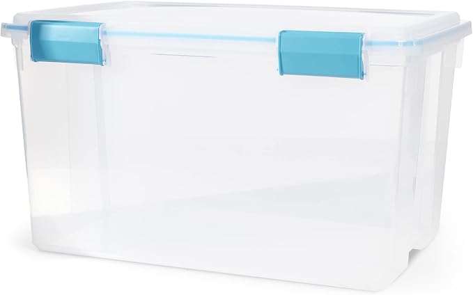 Sterilite 54 Qt Gasket Box, Stackable Storage Bin with Latching Lid and Tight Seal, Plastic Container to Organize Basement, Clear Base and Lid, 1-Pack